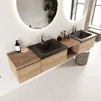 Mondiaz bukla 200 cm badmeubel met open module 40 rechts kleur washed oak met 3 lades. Wastafel cloud dubbel 2 kraangaten kleur urban.