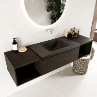 Mondiaz bukla 160 cm badmeubel met open module 40 l+r kleur dark brown met 2 lades. Wastafel cloud midden 0 kraangaten kleur urban.