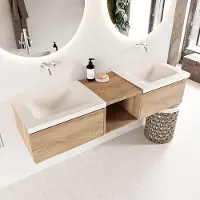 Mondiaz bukla 160 cm badmeubel met open module 40 kleur washed oak met 2 lades. Wastafel cloud dubbel 0 kraangaten kleur talc.