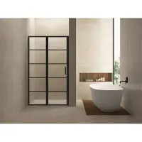 Wiesbaden Horizon nisdeur met vast deel en raster 900 x 2000 x 8mm nano helder glas/mat zwart