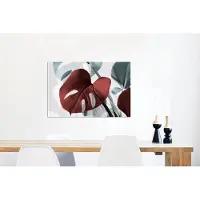 MuchoWow Wanddecoratie Metaal - Aluminium Schilderij Industrieel - Monstera - Rood - Pastel - Stilleven - 90x60 cm - Dibond - Foto op aluminium - Industriële muurdecoratie - Voor de woonkamer/slaapkamer