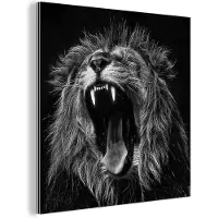 MuchoWow Wanddecoratie Metaal - Aluminium Schilderij Industrieel - Leeuwen - Profiel - Zwart - Wit - 90x90 cm - Dibond - Foto op aluminium - Industriële muurdecoratie - Voor de woonkamer/slaapkamer
