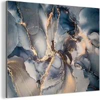 MuchoWow Wanddecoratie Metaal - Aluminium Schilderij Industrieel - Marmer - Grijs - Blauw - Luxe - Goud - 160x120 cm - Dibond - Foto op aluminium - Industriële muurdecoratie - Voor de woonkamer/slaapkamer