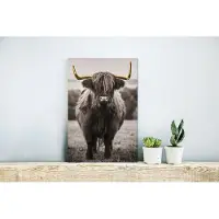 MuchoWow Wanddecoratie Metaal - Aluminium Schilderij Industrieel - Schotse hooglander - Zwart - wit - Goud - 20x30 cm - Dibond - Foto op aluminium - Industriële muurdecoratie - Voor de woonkamer/slaapkamer