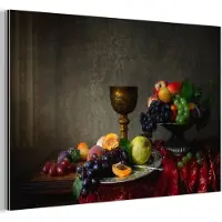 MuchoWow Wanddecoratie Metaal - Aluminium Schilderij Industrieel - Rustiek - Tafel - Fruit - Stilleven - Beker - 60x40 cm - Dibond - Foto op aluminium - Industriële muurdecoratie - Voor de woonkamer/slaapkamer