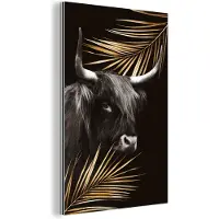 MuchoWow Wanddecoratie Metaal - Aluminium Schilderij Industrieel - Schotse hooglander - Bladeren - Zwart - 40x60 cm - Dibond - Foto op aluminium - Industriële muurdecoratie - Voor de woonkamer/slaapkamer