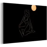 MuchoWow Wanddecoratie Metaal - Aluminium Schilderij Industrieel - Vrouw - Hoed - Maan - Line art - 30x20 cm - Dibond - Foto op aluminium - Industriële muurdecoratie - Voor de woonkamer/slaapkamer