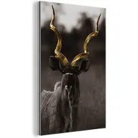 MuchoWow Wanddecoratie Metaal - Aluminium Schilderij Industrieel - Hert - Gewei - Zwart - Goud - 20x30 cm - Dibond - Foto op aluminium - Industriële muurdecoratie - Voor de woonkamer/slaapkamer
