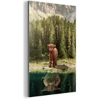 MuchoWow Wanddecoratie Metaal - Aluminium Schilderij Industrieel - Schotse hooglander - Kalf - Bomen - 60x90 cm - Dibond - Foto op aluminium - Industriële muurdecoratie - Voor de woonkamer/slaapkamer