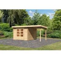 Karibu Tuinhuis, blokhut, tuingericht, Bastrup 5, set met aanbouwdak, 2 meter breed, onbehandeld, 479x297x220 cm