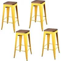 Urban Living METALEN BARKRUK x 4 MAT GEEL HOUTEN ZITTING 42,5X42,5X77CM