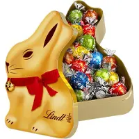 Lindt GOLD BUNNY blik met Bonbons - Pasen Chocolade - Gouden herbruikbaar blik - 350 gram LINDOR Bonbons - Chocolade Cadeau - Melkchocolade - Witte chocolade
