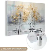 MuchoWow Glasschilderij 150x100 cm - Schilderij acrylglas - Winter - Bomen - Natuur - Acryl - Kunst - Foto op glas - Muurdecoratie woonkamer - Wanddecoratie slaapkamer - Schilderijen