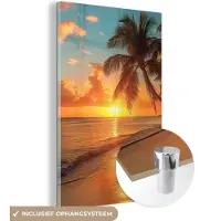 MuchoWow Glasschilderij 120x180 cm - Schilderij acrylglas - Zonsondergang - Strand - Palmbomen - Zee - Zon - Foto op glas - Muurdecoratie woonkamer - Wanddecoratie slaapkamer - Schilderijen