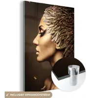 MuchoWow Glasschilderij 120x160 cm - Schilderij acrylglas - Vrouw - Abstract - Goud - Portret - Foto op glas - Muurdecoratie woonkamer - Wanddecoratie slaapkamer - Schilderijen