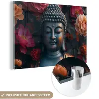 MuchoWow Glasschilderij 180x120 cm - Schilderij acrylglas - Boeddha - Bloemen - Buddha - Beeld - Kunst - Foto op glas - Muurdecoratie woonkamer - Wanddecoratie slaapkamer - Schilderijen