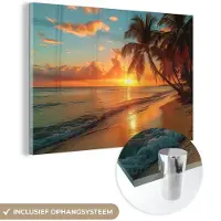 MuchoWow Glasschilderij 180x120 cm - Schilderij acrylglas - Zonsondergang - Strand - Palmbomen - Zee - Zon - Foto op glas - Muurdecoratie woonkamer - Wanddecoratie slaapkamer - Schilderijen