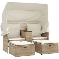 vidaXL - Tuinbank - 2-zits - met - luifel - en - voetenbanken - poly - rattan - beige