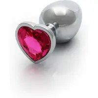 Shots - Ouch! OU801SIL - Heart Gem Butt Plug - Large - Silver / Rubellite Pink