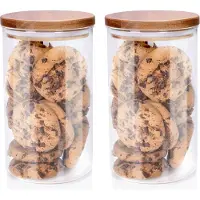 Alpina Voorraadpot/bewaarpot Foodking - 2x - borosilicaat glas - 950 ml - glas/hout - D9.5 x H16 cm - voedsel bewaren