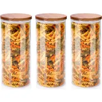 Alpina Voorraadpot/bewaarpot Foodking - 3x - borosilicaat glas - 1250 ml - glas/hout - D9.5 x H21 cm - voedsel bewaren