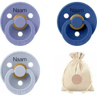 BIBS fopspenen met naam T1 + speenzakje BolleToet - Peri , Cornflower , Dusty blue - 0-6 maanden