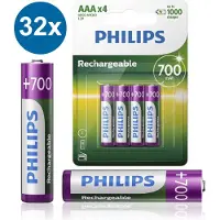 Philips Oplaadbare AAA-Batterijen HR03 - 32 Stuks (8 Blisters a 4 Stuks) - NiMH 1.2V - 1000 Keer Herladen - 700mAh