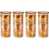 Alpina Voorraadpot/bewaarpot Foodking - 4x - borosilicaat glas - 1250 ml - glas/hout - D9.5 x H21 cm - voedsel bewaren