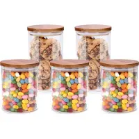 Alpina Voorraadpot/bewaarpot Foodking - 5-delige set - borosilicaat glas - 950/600 ml - glas/hout