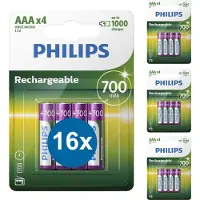 Philips Oplaadbare AAA-Batterijen HR03 - 16 Stuks (4 Blisters a 4 Stuks) - NiMH 1.2V - 1000 Keer Herladen - 700mAh