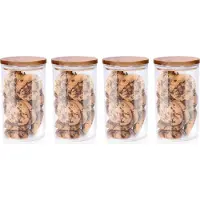 Alpina Voorraadpot/bewaarpot Foodking - 4x - borosilicaat glas - 950 ml - glas/hout - D9.5 x H16 cm - voedsel bewaren