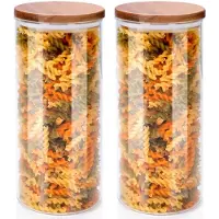 Alpina Voorraadpot/bewaarpot Foodking - 2x - borosilicaat glas - 1250 ml - glas/hout - D9.5 x H21 cm - voedsel bewaren