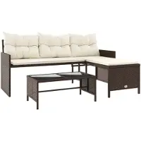 vidaXL Tuinbank met tafel en kussens L-vormig poly rattan bruin