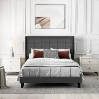 No Doppelbett mit Lattenrost, 140x200cm ,Polsterbett Mit seinem gepolstertes Kopfteil ,in Grau Leinen, mittelfest (Ohne Matratze)