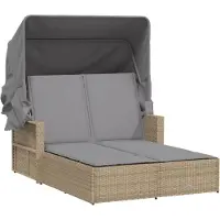 vidaXL Ligbed 2-persoons luifel en kussens poly rattan gemengd beige