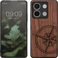 Kwmobile telefoonhoesje geschikt voorXiaomi Redmi Note 13 5G - Hoesje met bumper - hout - In donkerbruin Vintage Kompas design