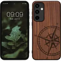 Kwmobile telefoonhoesje geschikt voorSamsung Galaxy A55 5G - Hoesje met bumper - hout - In donkerbruin Vintage Kompas design