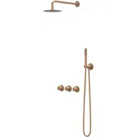 Ivy Aia Pact Regendoucheset 4 inbouw symmetry met 2 stopkranen, 40cm wandarm, 25cm medium hoofddouche, houder met uitlaat, doucheslang 150cm, satin spray handdouche Geborsteld mat koper PVD
