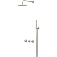 Ivy Aia Bond Regendoucheset 4 inbouw symmetry met 2 stopkranen, 15cm plafondbuis, 25cm slim hoofddouche, houder met uitlaat, doucheslang 150cm, satin spray handdouche Geborsteld nickel PVD