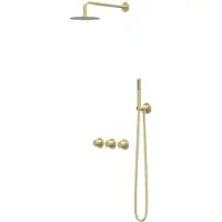 Ivy Aia Pact Regendoucheset 4 inbouw symmetry met 2 stopkranen, 15cm plafondbuis, 20cm medium hoofddouche, houder met uitlaat, doucheslang 150cm, staafmodel handdouche Geborsteld mat goud PVD