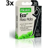 Piksters Eco Charcoal Floss Picks - 3 x 30 stuks - Voordeelverpakking