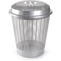 Forte Plastics Ronde wasmanden/opberg mand met deksel 50 liter in het zilver - Wasmanden