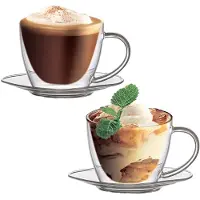 Merkloos Boral - Mondgeblazen cappuccino, latte macchiato Dubbelwandige kop en schotel met oor - 250 ml - 2 stuks