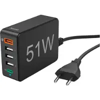 Hama Snellader, 1x USB-C, 4x USB-A, PD, 51 W, met stekker, zwart