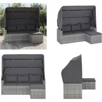 vidaXL Tuinbank 3-zits met dak en voetenbank poly rattan grijs - Tuinbank - Tuinbanken - Loungebank - Tuin Bank