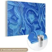 MuchoWow Glasschilderij 90x60 cm - Schilderij acrylglas - Blauw - Agaat geode - Stenen - Marmer - Foto op glas - Schilderijen