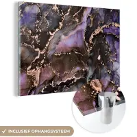 MuchoWow Glasschilderij 60x40 cm - Schilderij acrylglas - Marmer - Goud - Roze - Foto op glas - Schilderijen