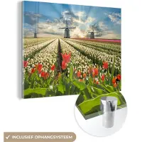 MuchoWow Glasschilderij 40x30 cm - Schilderij acrylglas - Windmolen - Tulpen - Lucht - Natuur - Foto op glas - Schilderijen