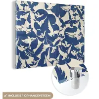 MuchoWow Glasschilderij 160x120 cm - Schilderij acrylglas - Vogels - Blauw - Patroon - Wit - Foto op glas - Schilderijen