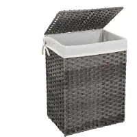 Hoppa! Wasmand Handgeweven | 90 L | Synthetische Rotan Wasmand | Met Deksel en Handvatten | Opvouwbaar | Waszak Afneembaar | Grijs